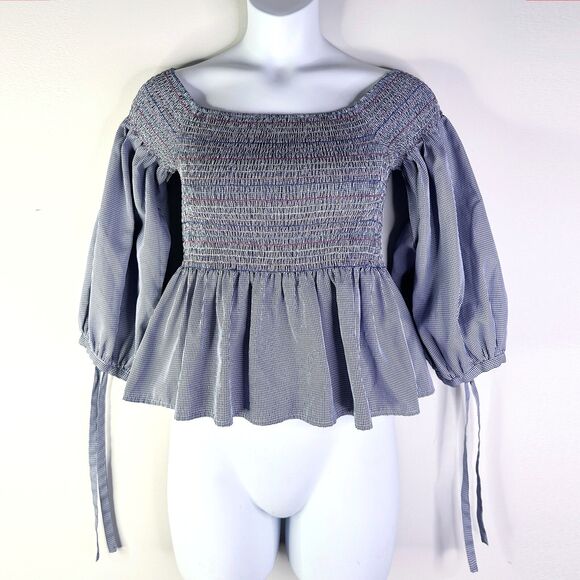 Honey & T Top Women XL Blue Peasant Smocked Gingham Babydoll Milkmaid Boho NWOT - Picture 2 of 8